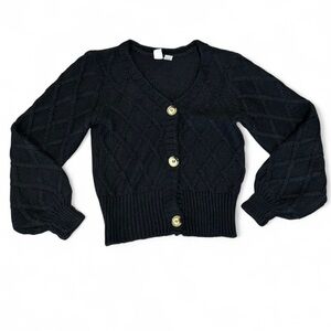 EUC Love by Design black cropped cable knit cardigan V-neckline, puff sleeves